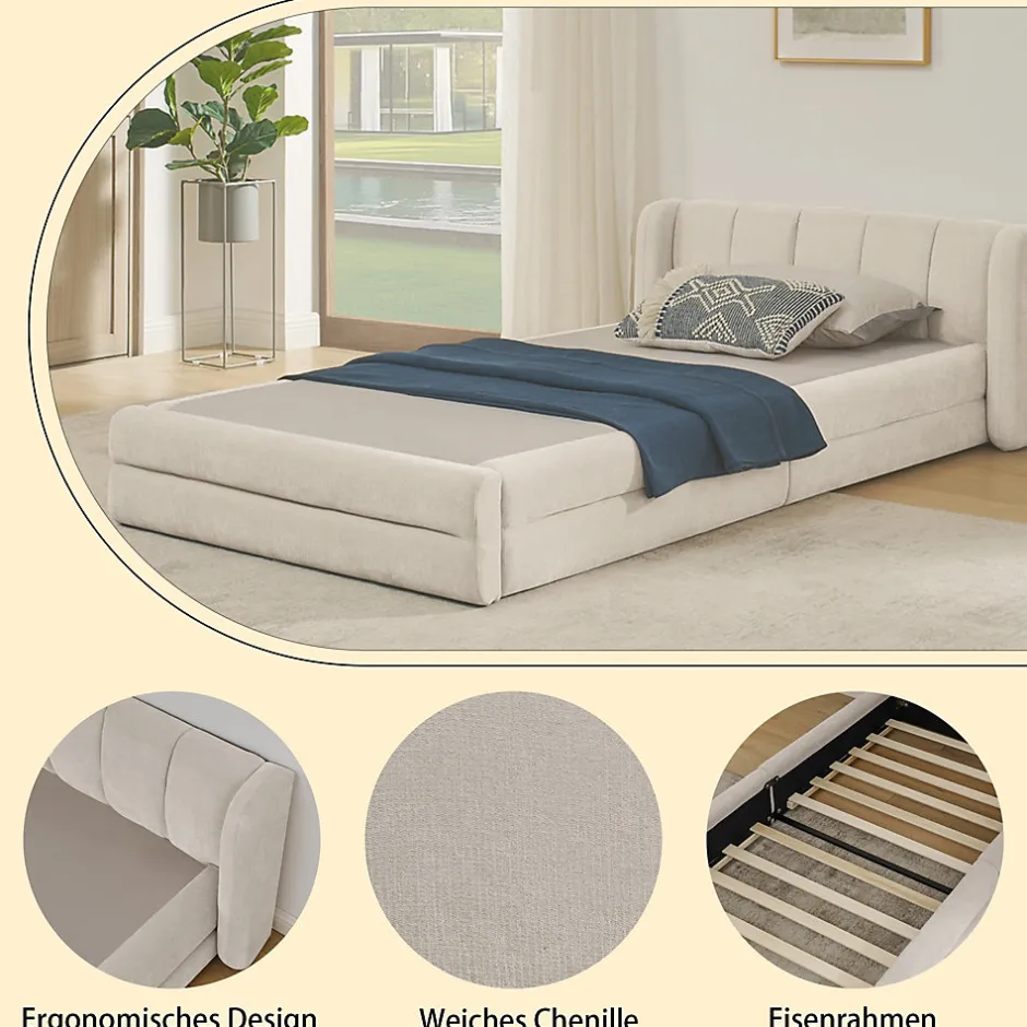 Okwish Lit Simple Capitonné 90x200 cm - avec Dossier Confortable, Revêtement en Chenille Doux, Couleur Beige - Sans Matelas