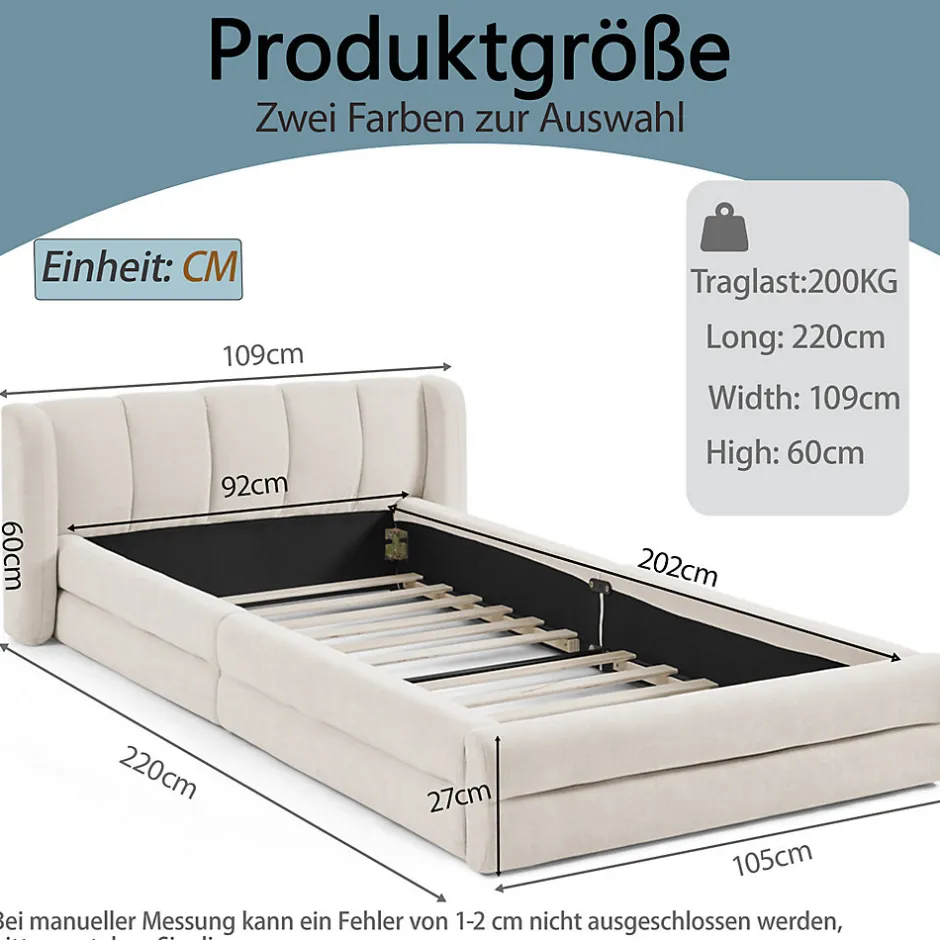Okwish Lit Simple Capitonné 90x200 cm - avec Dossier Confortable, Revêtement en Chenille Doux, Couleur Beige - Sans Matelas