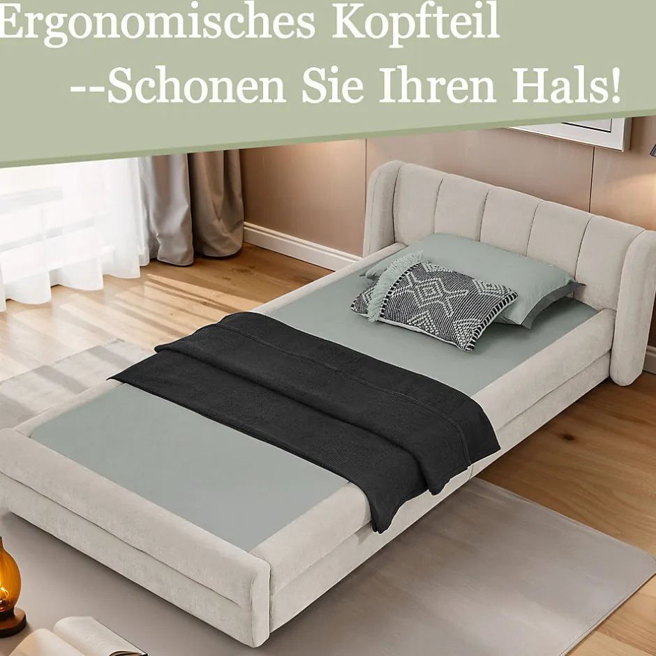 Okwish Lit Simple Capitonné 90x200 cm - avec Dossier Confortable, Revêtement en Chenille Doux, Couleur Beige - Sans Matelas