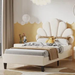 Simple Life Lit simple capitonnés 90 x 200 cm, tête de lit en forme de fleur, sommier à lattes, velours, Beige Discount