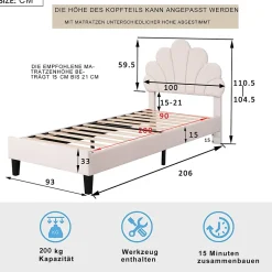Simple Life Lit simple capitonnés 90 x 200 cm, tête de lit en forme de fleur, sommier à lattes, velours, Beige Discount