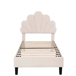 Simple Life Lit simple capitonnés 90 x 200 cm, tête de lit en forme de fleur, sommier à lattes, velours, Beige Discount