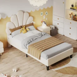 ProximaX Lit simple capitonnés 90 x 200 cm - tête de lit en forme de fleur - sommier à lattes - velours - Beige New