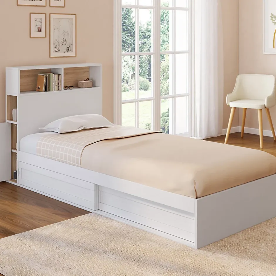 IDMarket Lit simple CLEM avec rangement, tête de lit et sommier 90 x 190 cm blanc et hêtre Online