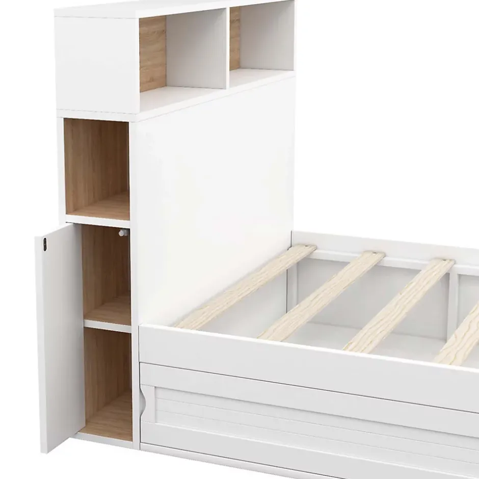 IDMarket Lit simple CLEM avec rangement, tête de lit et sommier 90 x 190 cm blanc et hêtre Online