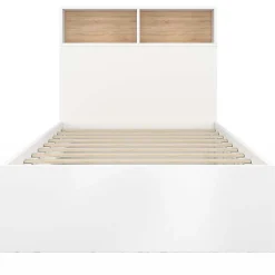 IDMarket Lit simple CLEM avec rangement, tête de lit et sommier 90 x 190 cm blanc et hêtre Online