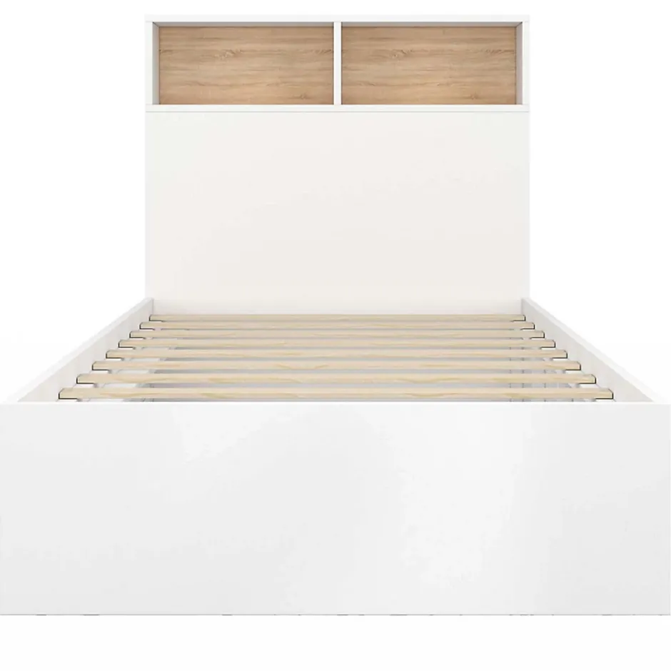 IDMarket Lit simple CLEM avec rangement, tête de lit et sommier 90 x 190 cm blanc et hêtre Online