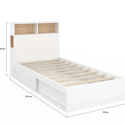 IDMarket Lit simple CLEM avec rangement, tête de lit et sommier 90 x 190 cm blanc et hêtre Online