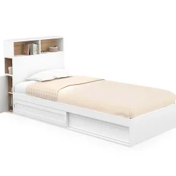 IDMarket Lit simple CLEM avec rangement, tête de lit et sommier 90 x 190 cm blanc et hêtre Online