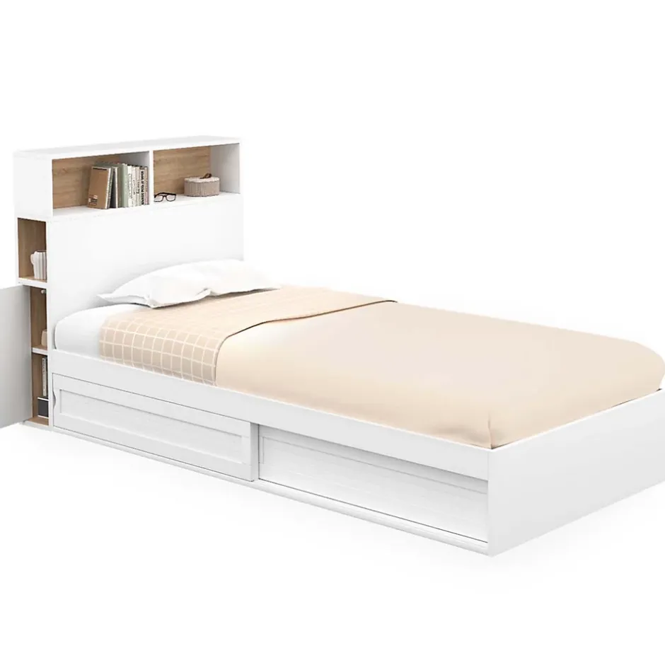 IDMarket Lit simple CLEM avec rangement, tête de lit et sommier 90 x 190 cm blanc et hêtre Online