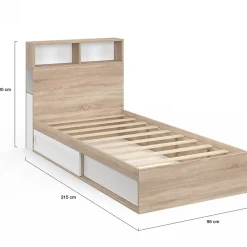 IDMarket Lit simple CLEM avec rangement, tête de lit et sommier 90 x 190 cm hêtre et blanc