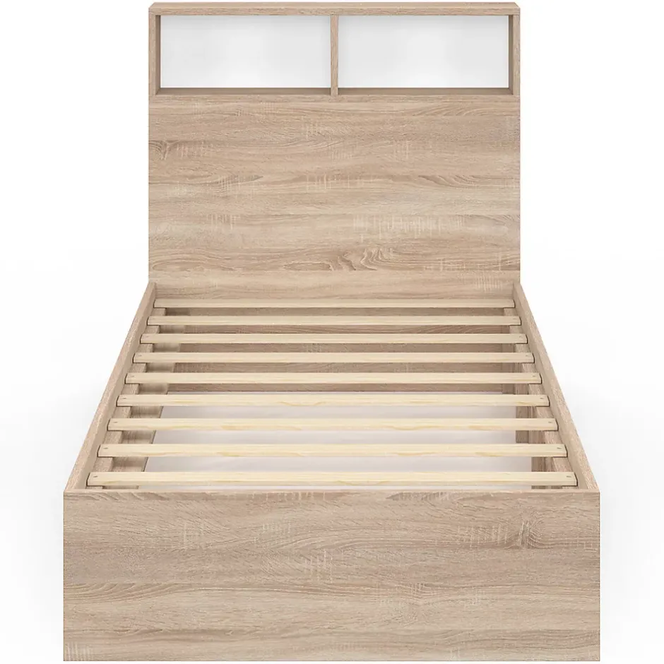 IDMarket Lit simple CLEM avec rangement, tête de lit et sommier 90 x 190 cm hêtre et blanc