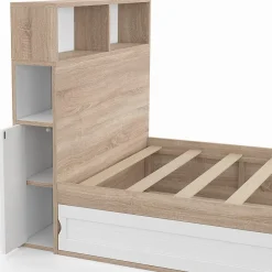 IDMarket Lit simple CLEM avec rangement, tête de lit et sommier 90 x 190 cm hêtre et blanc
