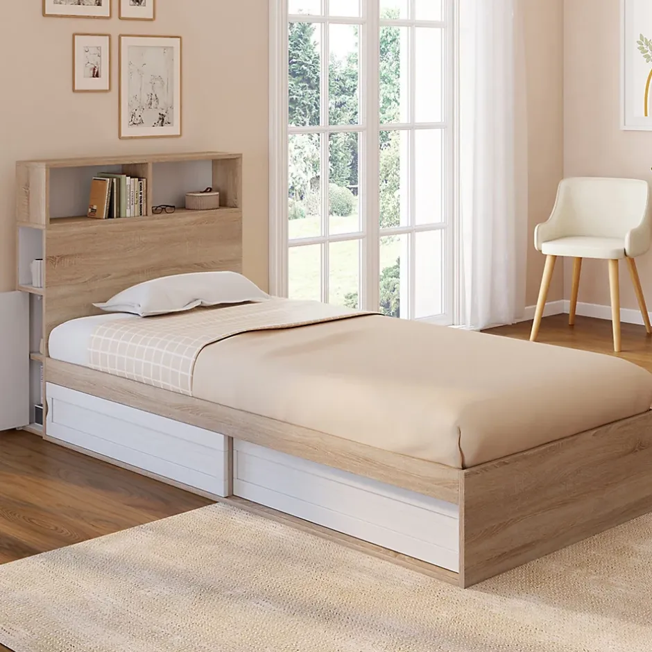 IDMarket Lit simple CLEM avec rangement, tête de lit et sommier 90 x 190 cm hêtre et blanc