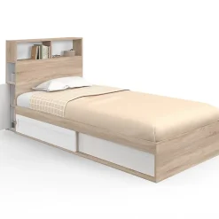IDMarket Lit simple CLEM avec rangement, tête de lit et sommier 90 x 190 cm hêtre et blanc