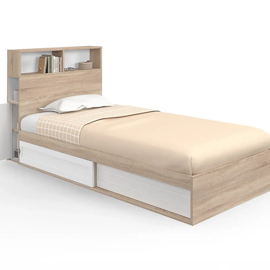 IDMarket Lit simple CLEM avec rangement, tête de lit et sommier 90 x 190 cm hêtre et blanc