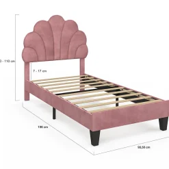 IDMarket Lit simple coquillage 90 x 190 cm AMANDA avec sommier velours rose poudré Clearance