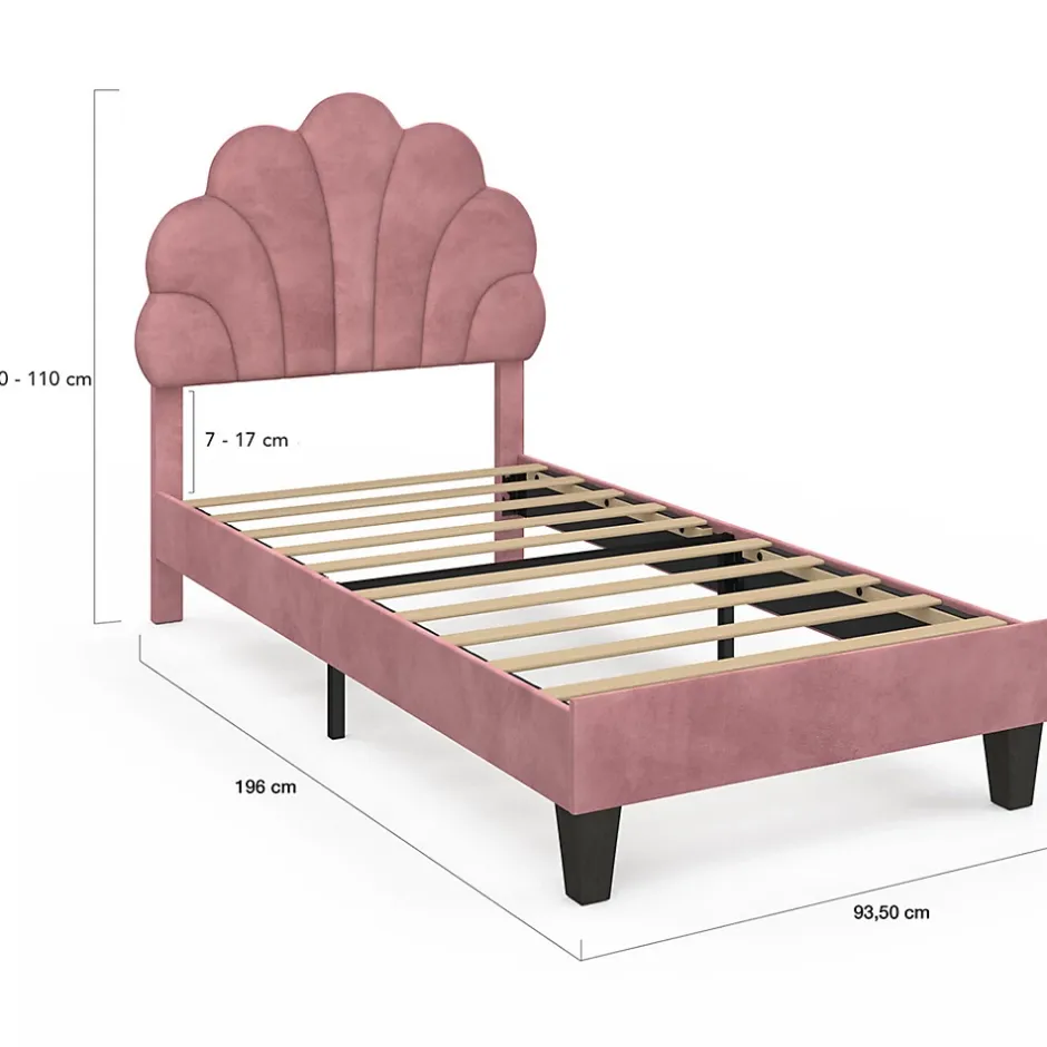 IDMarket Lit simple coquillage 90 x 190 cm AMANDA avec sommier velours rose poudré Clearance