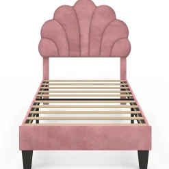 IDMarket Lit simple coquillage 90 x 190 cm AMANDA avec sommier velours rose poudré Clearance