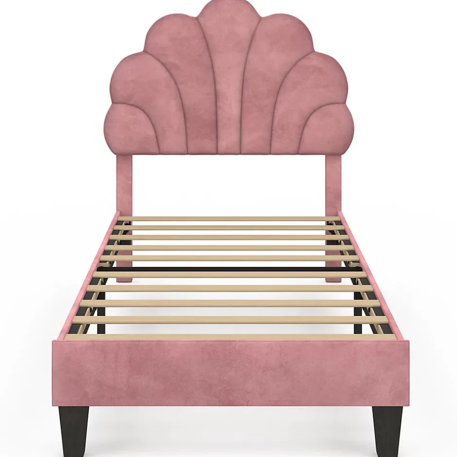 IDMarket Lit simple coquillage 90 x 190 cm AMANDA avec sommier velours rose poudré Clearance