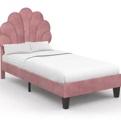 IDMarket Lit simple coquillage 90 x 190 cm AMANDA avec sommier velours rose poudré Clearance
