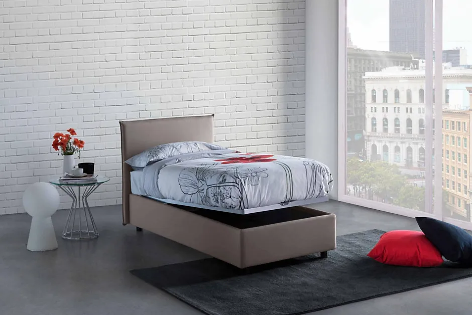 Talamo Italia Lit simple Dbach, Lit coffre avec revêtement en tissu, Ouverture frontale, avec matelas 80x200 cm inclus, Taupe