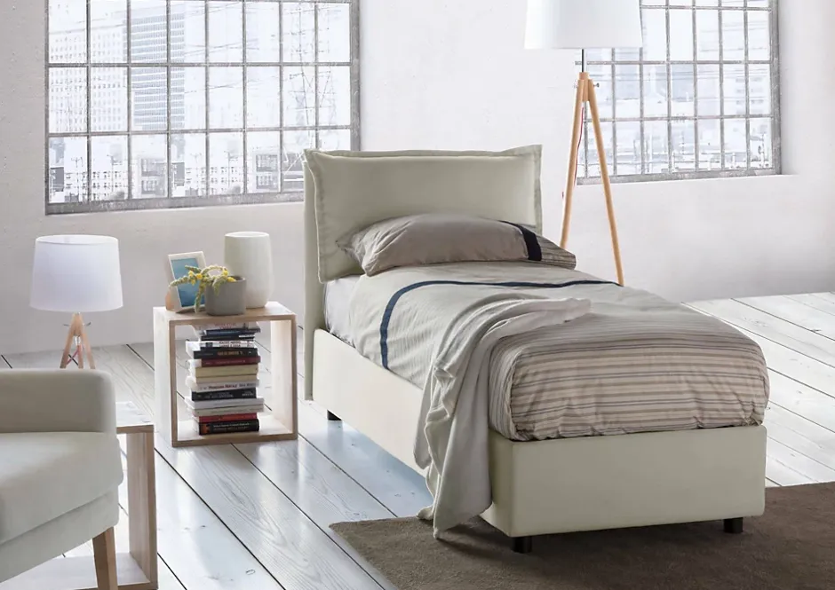 Talamo Italia Lit simple Dloset, Lit coffre avec revêtement en tissu, Ouverture frontale, avec matelas 90x190 cm inclus, Beige Clearance