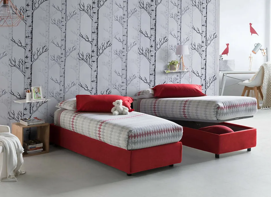 Talamo Italia Lit simple Dmaiell, Lit coffre avec revêtement en tissu, Ouverture frontale, avec matelas 80x200 cm inclus, Rouge Outlet