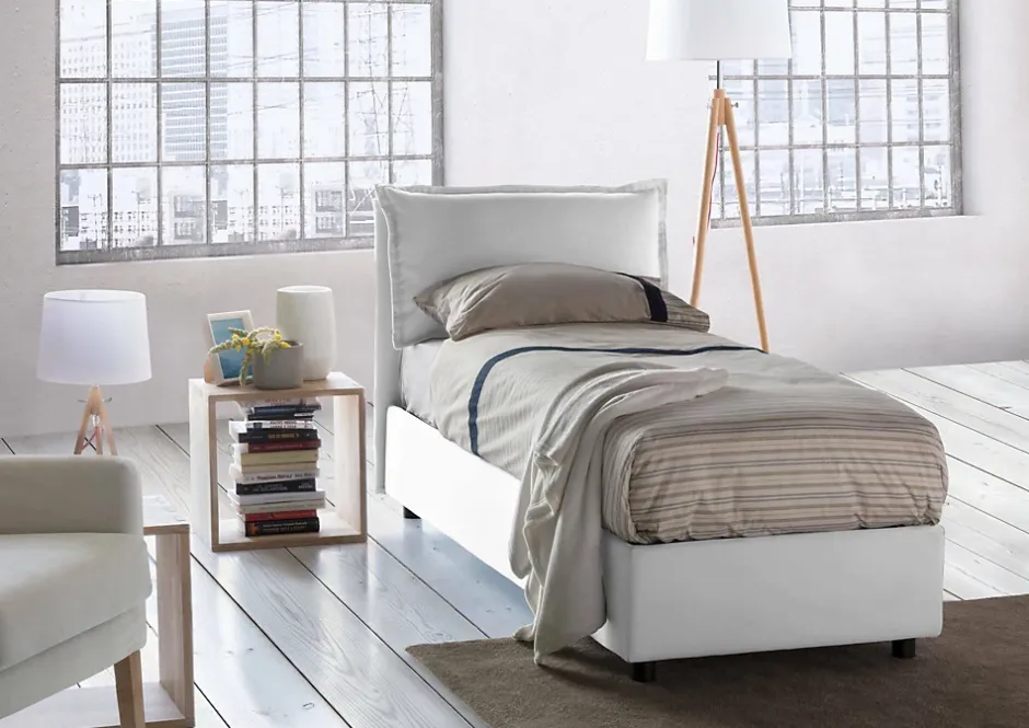 Talamo Italia Lit simple Dmarcon, Lit coffre avec revêtement en tissu, Ouverture frontale, avec matelas 80x200 cm inclus, Blanc Hot