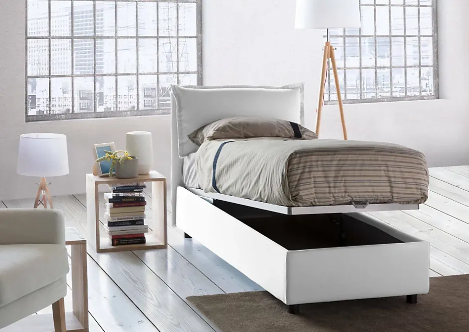 Talamo Italia Lit simple Dmarcon, Lit coffre avec revêtement en tissu, Ouverture frontale, avec matelas 80x200 cm inclus, Blanc Hot