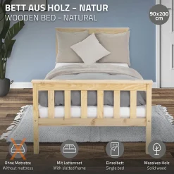 Ml-Design Lit simple en bois de pin naturel d'adolescents avec sommier à lattes 200x90 cm Hot