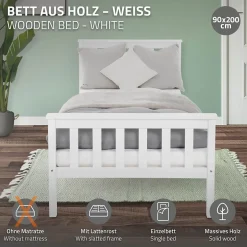 Ml-Design Lit simple en bois de pin blanc d'adolescents avec sommier à lattes 200x90 cm Clearance