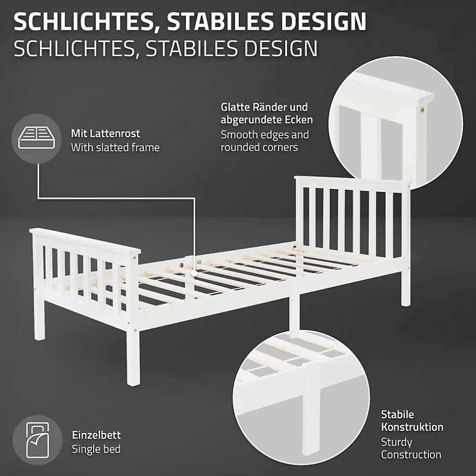 Ml-Design Lit simple en bois de pin blanc d'adolescents avec sommier à lattes 200x90 cm Clearance