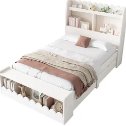 ModernLuxe Lit simple en bois 90x190cm - avec 2 tiroirs et étagères - Blanc (matelas non inclus) Clearance