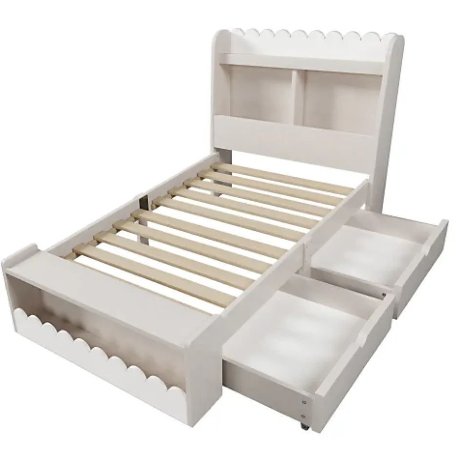 ModernLuxe Lit simple en bois 90x190cm - avec 2 tiroirs et étagères - Blanc (matelas non inclus) Clearance