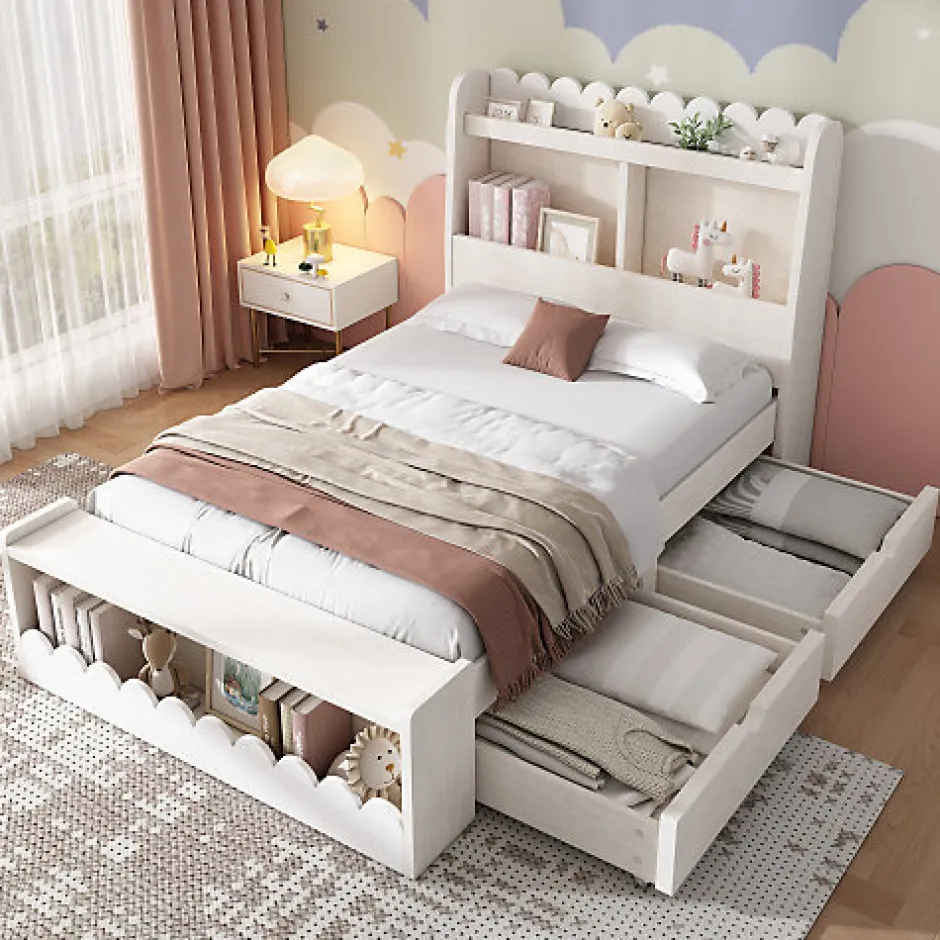 ModernLuxe Lit simple en bois 90x190cm - avec 2 tiroirs et étagères - Blanc (matelas non inclus) Clearance