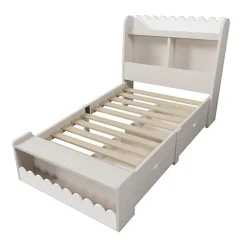 ModernLuxe Lit simple en bois 90x190cm - avec 2 tiroirs et étagères - Blanc (matelas non inclus) Clearance