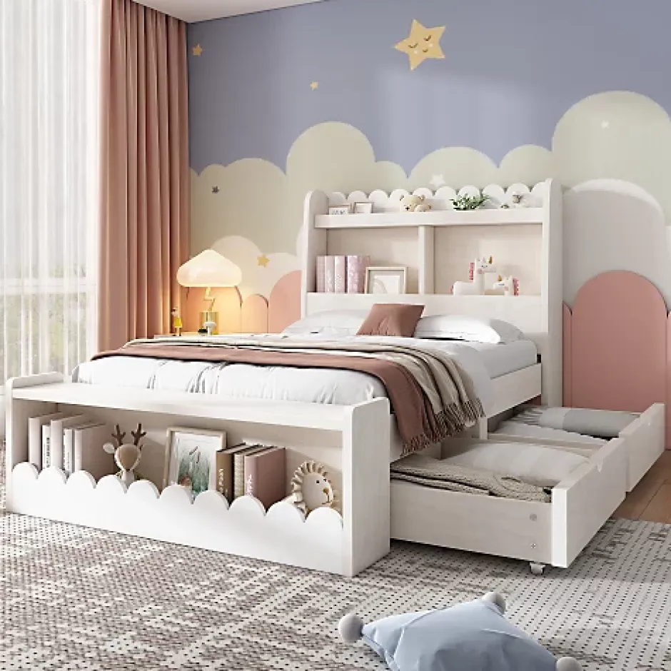 ModernLuxe Lit simple en bois 90x190cm - avec 2 tiroirs et étagères - Blanc (matelas non inclus) Clearance