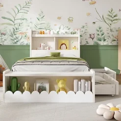 ModernLuxe Lit simple en bois 90x190cm - avec 2 tiroirs et étagères - Blanc (matelas non inclus) Clearance