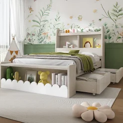 ModernLuxe Lit simple en bois 90x200cm - avec 2 tiroirs et étagères - Blanc (matelas non inclus)