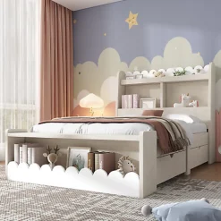 ModernLuxe Lit simple en bois 90x200cm - avec 2 tiroirs et étagères - Blanc (matelas non inclus)