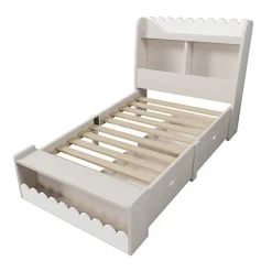 ModernLuxe Lit simple en bois 90x200cm - avec 2 tiroirs et étagères - Blanc (matelas non inclus)