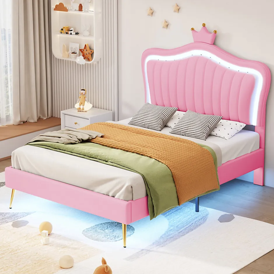 Enfant Okwish Lit simple enfant 90x200 cm - Lit capitonné avec LED en forme de couronne pour fille - Cuir synthétique - Sans matelas - Rose