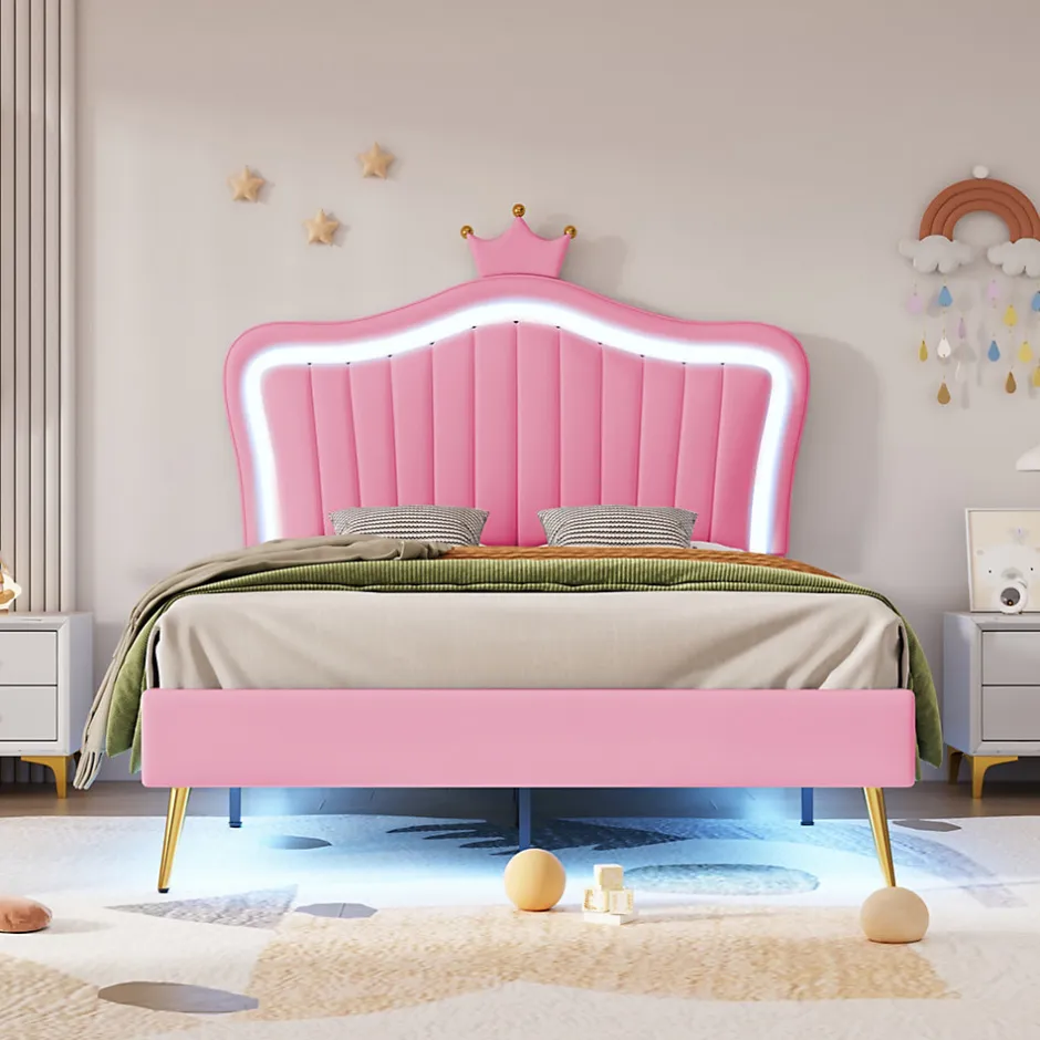 Enfant Okwish Lit simple enfant 90x200 cm - Lit capitonné avec LED en forme de couronne pour fille - Cuir synthétique - Sans matelas - Rose