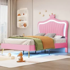 Enfant Okwish Lit simple enfant 90x200 cm - Lit capitonné avec LED en forme de couronne pour fille - Cuir synthétique - Sans matelas - Rose
