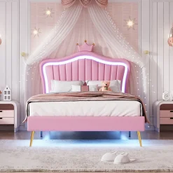 Enfant Okwish Lit simple enfant 90x200 cm - Lit capitonné avec LED en forme de couronne pour fille - Cuir synthétique - Sans matelas - Rose