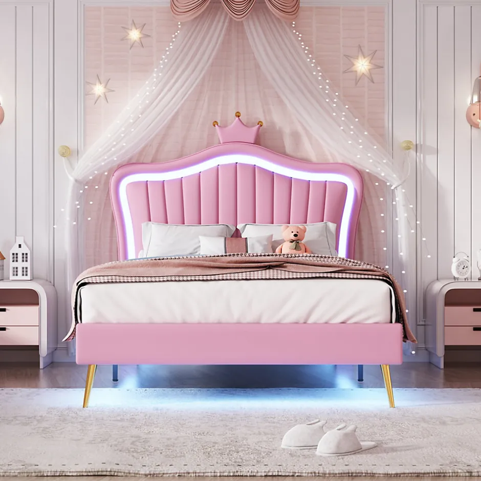 Enfant Okwish Lit simple enfant 90x200 cm - Lit capitonné avec LED en forme de couronne pour fille - Cuir synthétique - Sans matelas - Rose