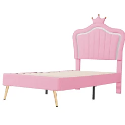 Enfant Okwish Lit simple enfant 90x200 cm - Lit capitonné avec LED en forme de couronne pour fille - Cuir synthétique - Sans matelas - Rose