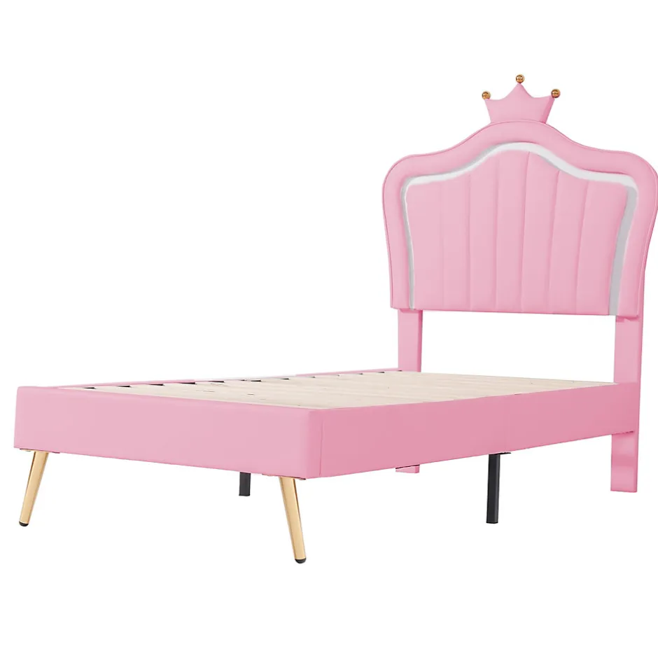 Enfant Okwish Lit simple enfant 90x200 cm - Lit capitonné avec LED en forme de couronne pour fille - Cuir synthétique - Sans matelas - Rose