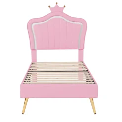 Enfant Okwish Lit simple enfant 90x200 cm - Lit capitonné avec LED en forme de couronne pour fille - Cuir synthétique - Sans matelas - Rose